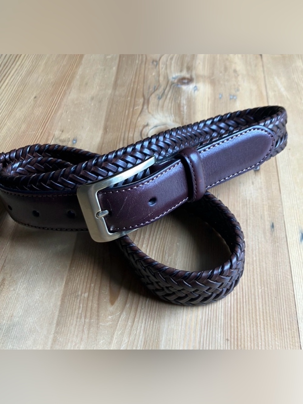 Braided 1.25” Wide Brown Men’s Belt 38/95 Leather Tabs Synthetic Stretchy